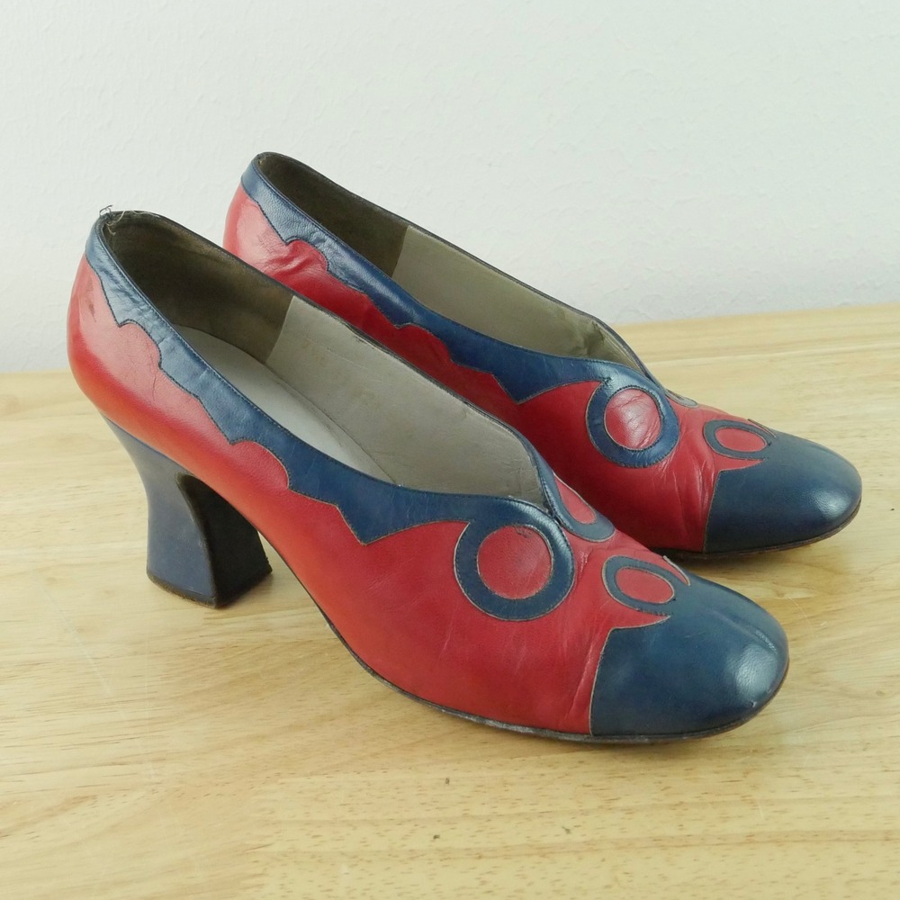 True Vintage 70s Leather Chunky Heel Pumps 7.5 Retro Granny Cosplay Funky Groovy